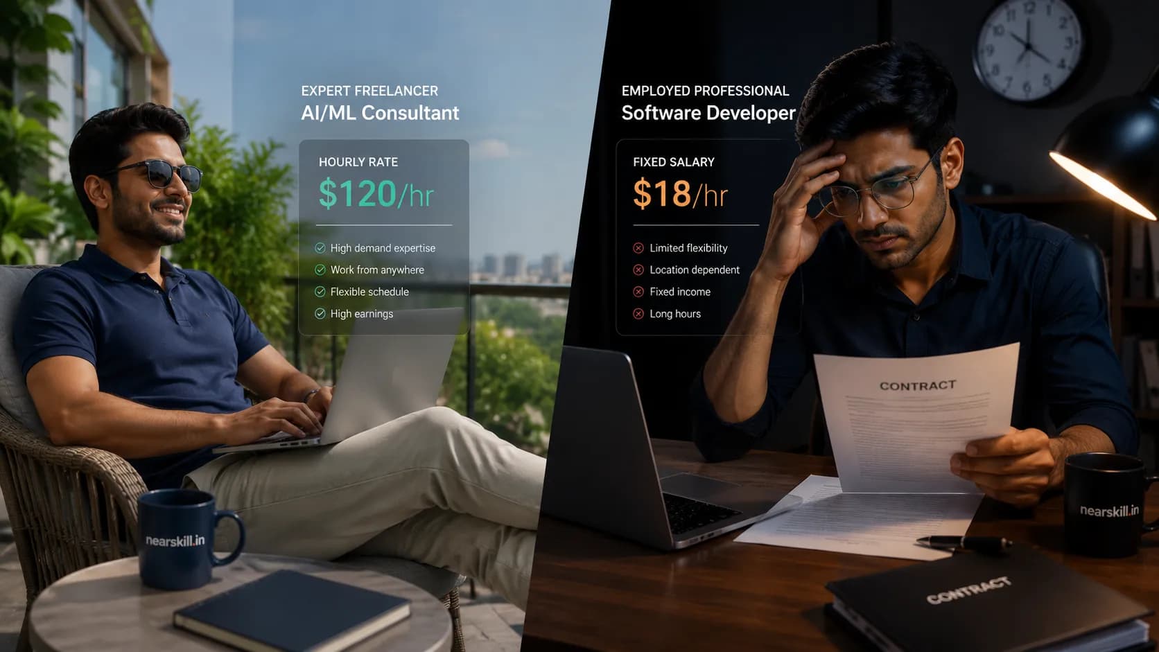 Illustration weighing pros and cons of short-term AI evaluation contracts