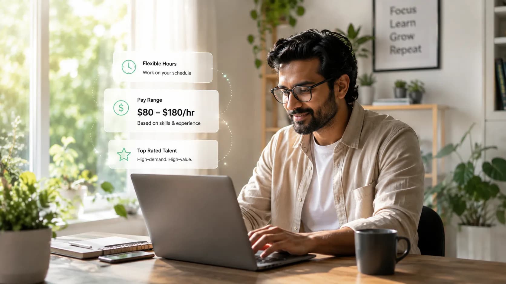Illustration of a remote worker completing AI training tasks from home