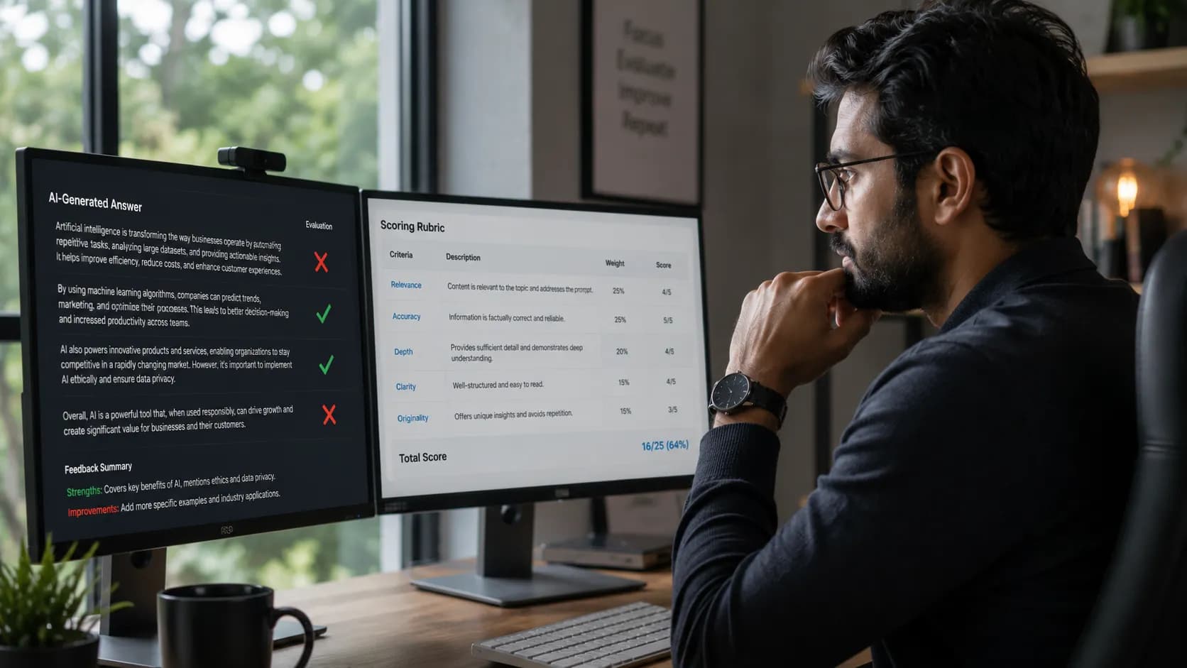 Illustration of an AI evaluator scoring model responses against a rubric