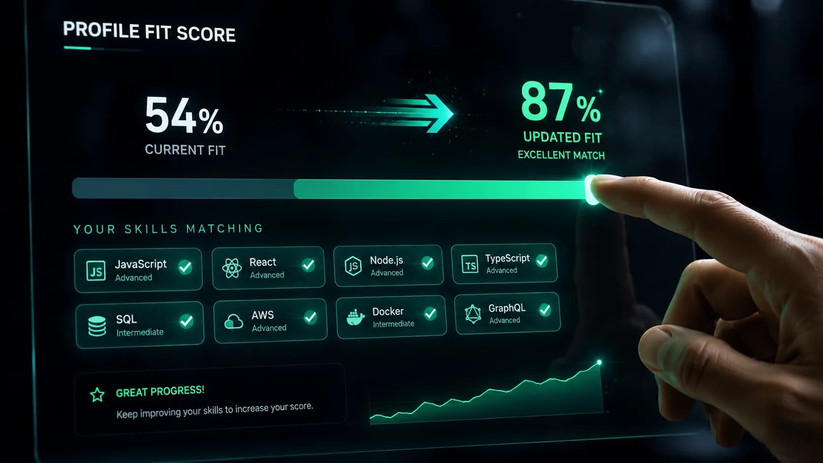 Illustration of a resume fit score rising as profile signals improve